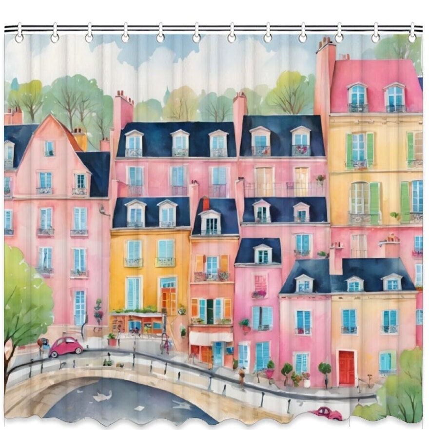 Colorful Old Town Paris Theme Shower Curtain, Bath Shower Curtain, Waterproof shower curtain with C-shaped hooks