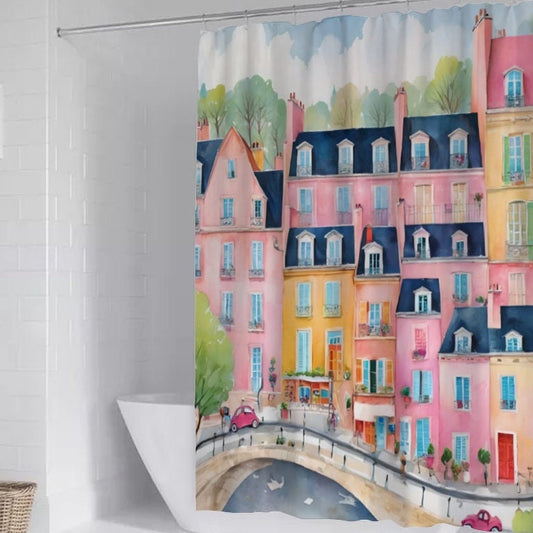 Colorful Old Town Paris Theme Shower Curtain, Bath Shower Curtain, Waterproof shower curtain with C-shaped hooks