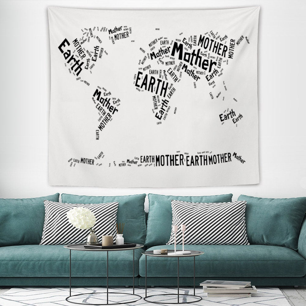 Funny Tapestry, Wall Hanging Tapestry, Typography world map, Mother Earth Text Wall Art, Include wall hanging kits