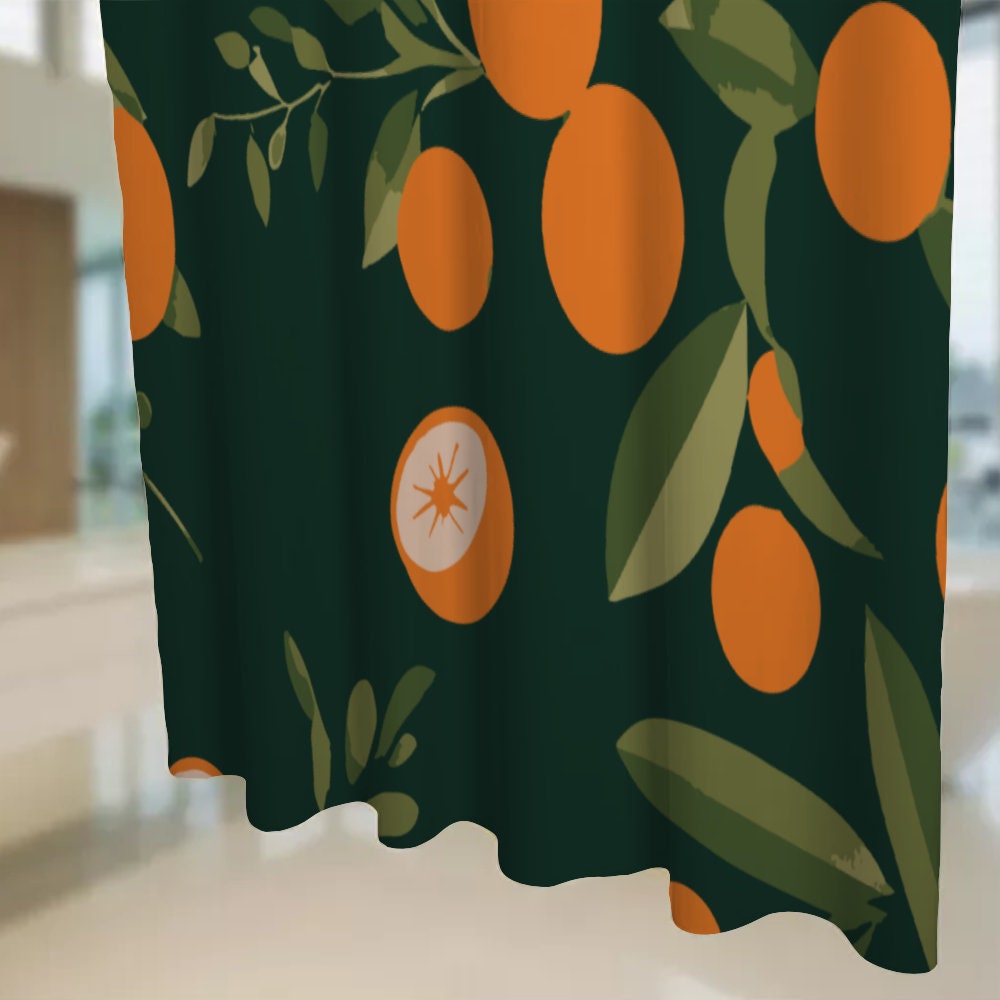 Botanical Tropical Fruit Shower Curtain - Orange Tree Modern Fabric Waterproof Bathroom Decor With Hooks - Bathtub Curtain