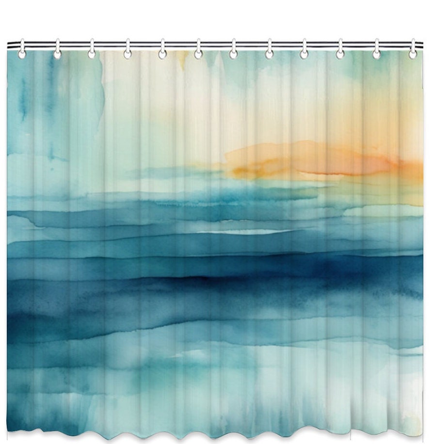 Watercolor Art Shower Curtain, Waves Shower Curtain, Bathtub Shower Curtain, Waterproof shower curtain with Hooks