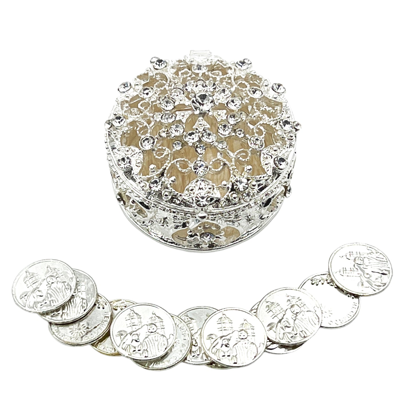 Wedding Arras, Silver Round Rhinestone Wedding Arras Box Set with Unity Coins, Wedding Arras, Arras de Boda, Arras, Wedding Gift Idea